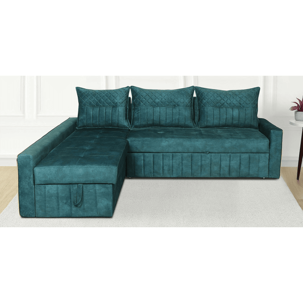 Mikku Velvet Pull-Out Sofa Cum Bed in Teal Green